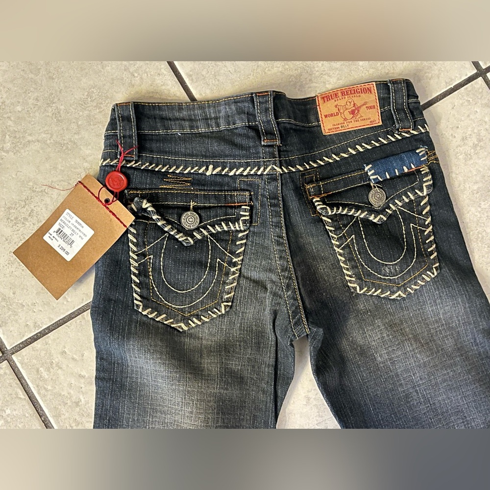 Y2K rare True Religion Women's Dark Blue Jeans with Contrast Stitching